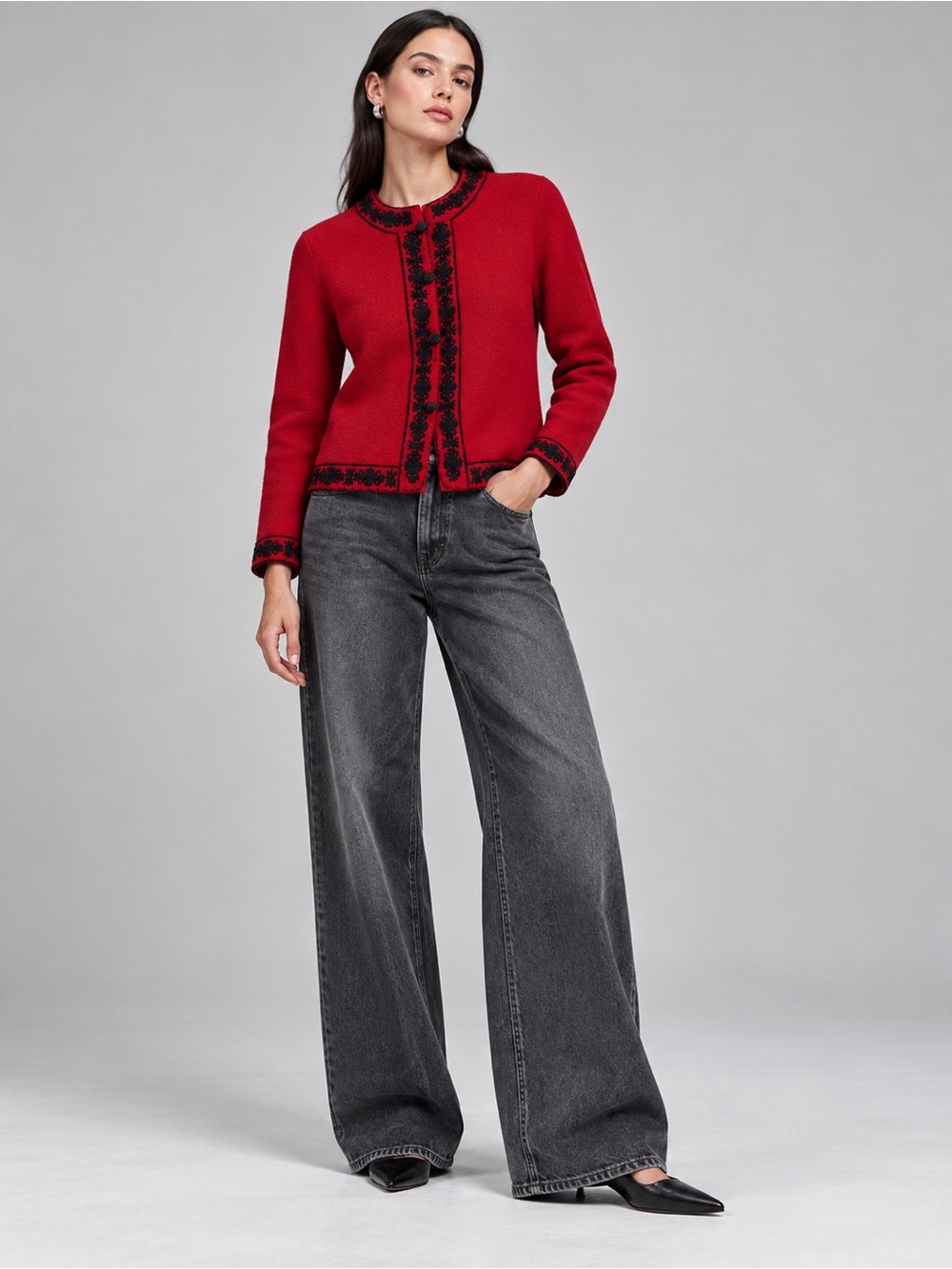 Deane & White Red 100% Wool Black Floral Embroidered Cardigan S